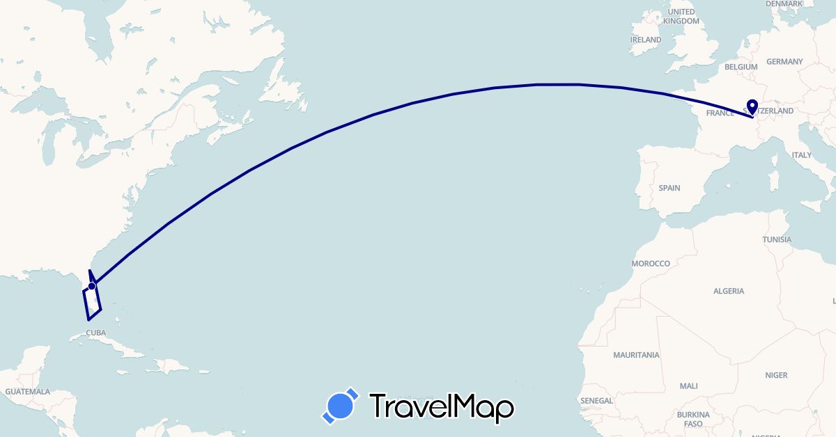 TravelMap itinerary: driving in Switzerland, United States (Europe, North America)