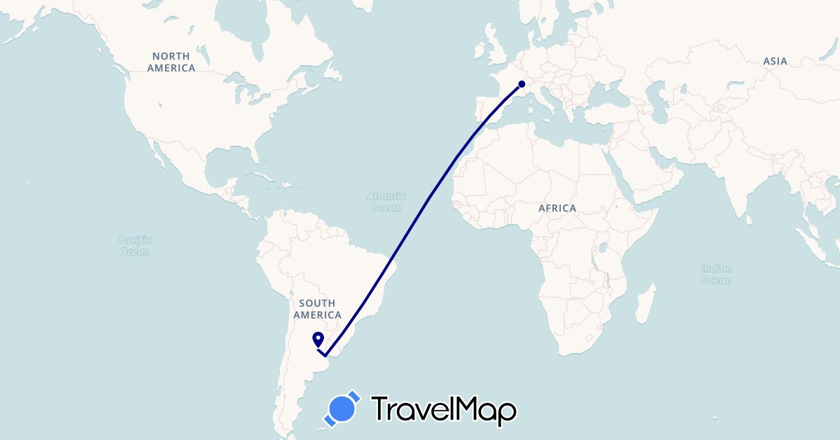 TravelMap itinerary: driving in Argentina, Switzerland (Europe, South America)